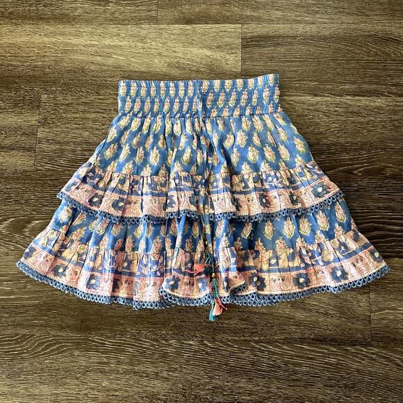 Bell by Alicia Bell Boho Tiered Mini Skirt Blue Pink Floral Beaded Tassel XS EUC - Picture 1 of 10